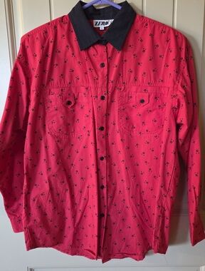 Vintage 90s Zero Sport Red Geometric Button Up Shirt Black Collar Size Large